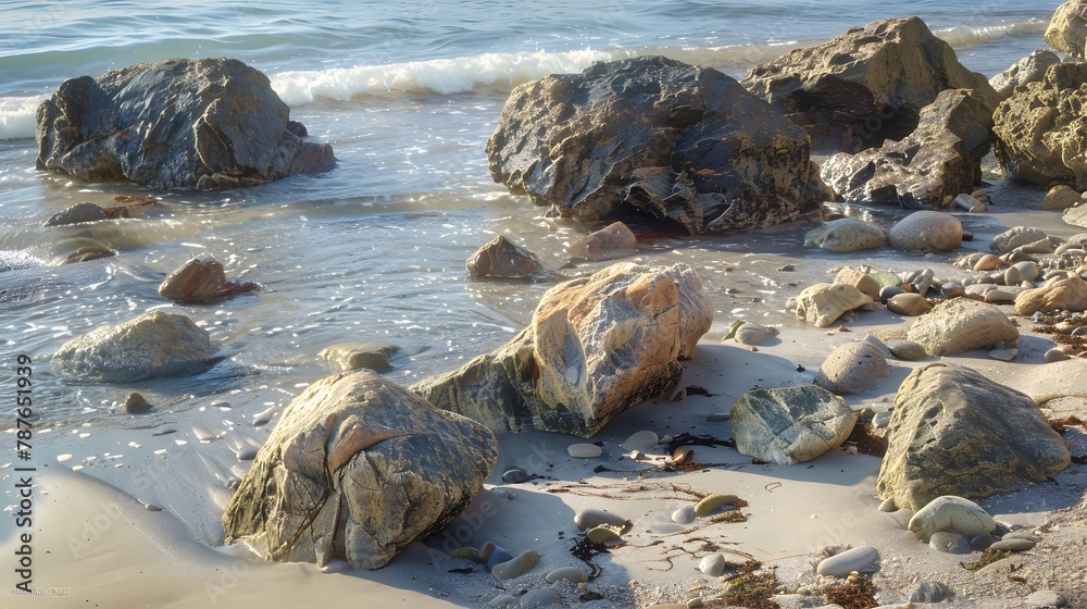 Beach with boulders, sedimentary rock, eroded stone
