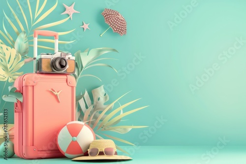 vacation travel time banner, travel suitcase with exotic destination inside with copy space area