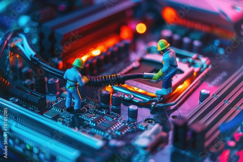 Selective focus of miniature engineer and worker fixed and maintenance mainboard computer photo