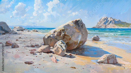 Beach with boulders, sedimentary rock, eroded stone 