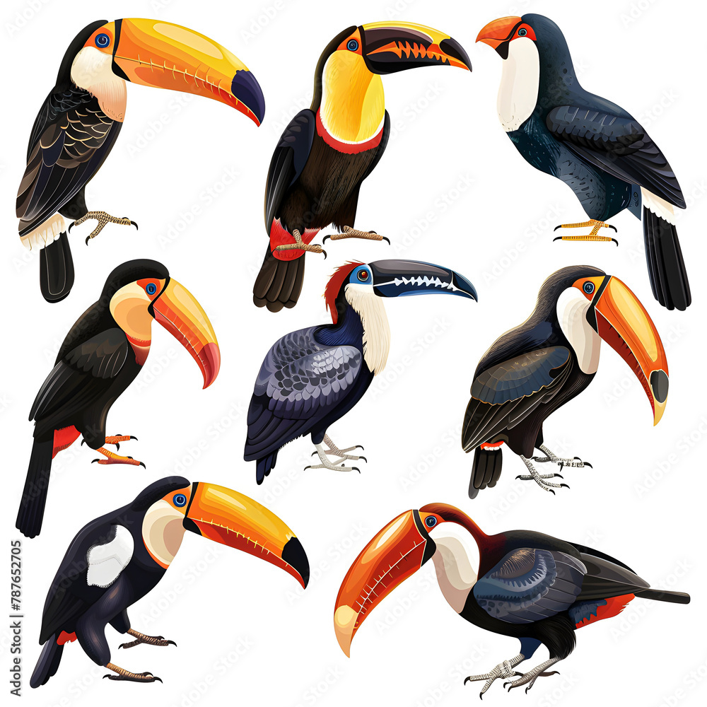 Fototapeta premium Clipart illustration featuring a various of toucan on white background. Suitable for crafting and digital design projects.[A-0002]
