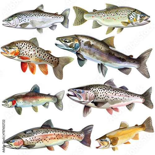 Clipart illustration featuring a various of trout on white background. Suitable for crafting and digital design projects.[A-0004]