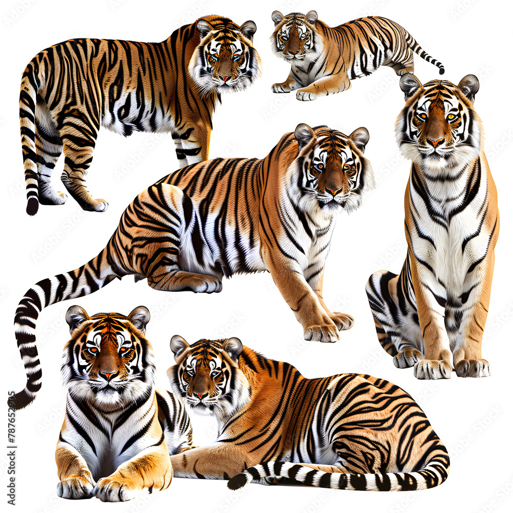 Obraz premium Clipart illustration featuring a various of tiger on white background. Suitable for crafting and digital design projects.[A-0003]