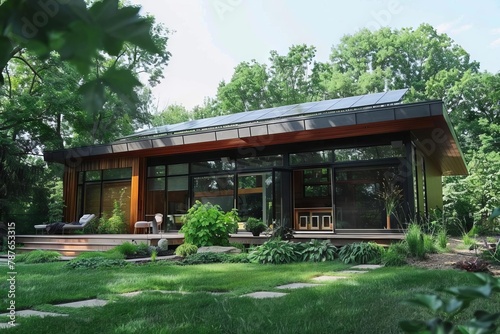 ecofriendly modern suburban house with solar panels on roof © Lucija