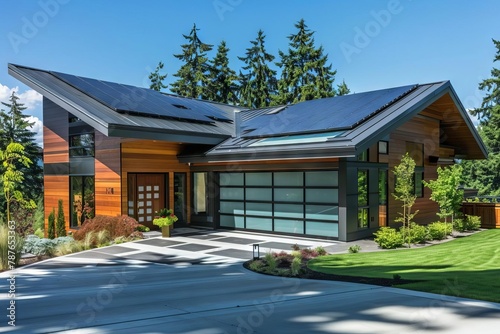 ecofriendly modern suburban house with solar panels on roof