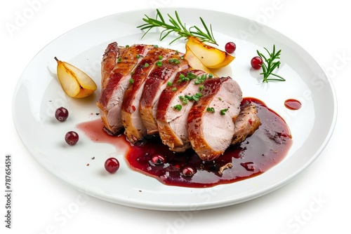 Roasted duck fillet with pear and berry sauce on white plate isolated on white background