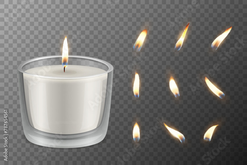 Vector 3D Realistic Paraffin Wax Burning Party Spa Candle and Burning Flame Set Closeup Isolated. Candle, Candle Flame Design Template for Relaxation, Wellness, and Celebration Concept, Front View