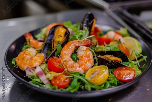 Seafood salad with mussel and prawns in restaurant kitchen