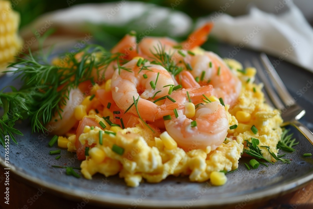 Shrimp and dill scrambled eggs with corn salad Shrimp and dill scrambled eggs with corn salad
