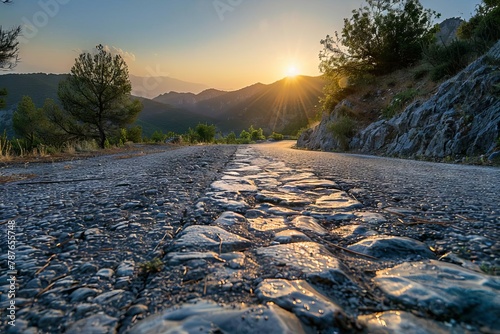empty old paved road in mountain landscape at sunset low angle view travel and adventure concept photo