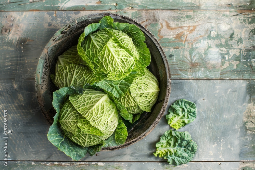 Fototapeta premium Top view of pickled cabbage on wooden background