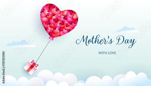 Mother's Day banner. Trendy design with typography, gift, clouds and cute hearts. Mother's day concept for horizontal poster, greeting card, celebration, ads, branding, cover, label, sales.