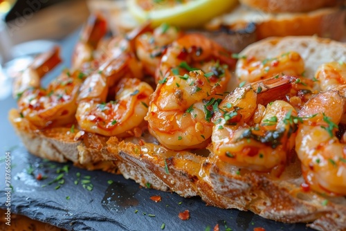Spanish style tapas of garlic shrimp skewers