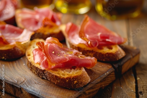 Slices of serrano ham on bread as tapas photo