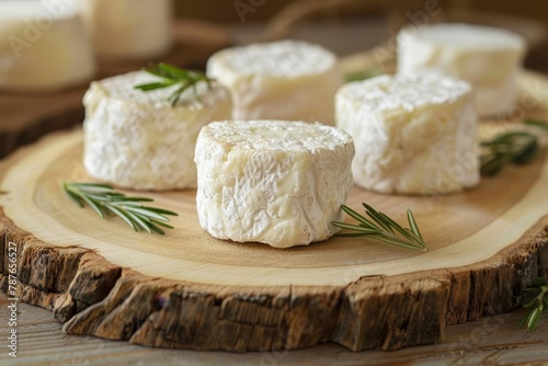 Small goat cheese crottin on wooden boards
