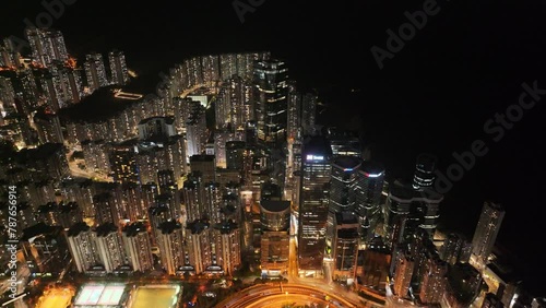 Aerial drone dusk nightfall skyview of residential and commerciall in Hong Kong East District near Victoria Harbour Kings Road in Tai Koo Shing North Point Quarry Bay Shau Kei Wan Sai Wan Ho photo