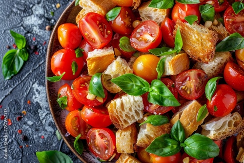 Top view of summer panzanella salad with cherry tomatoes basil and ciabatta croutons Copy space