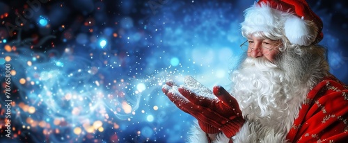Magical Moment - Santa Claus Blows Christmas Stars into Snowy Night. Made with Generative AI Technology © mafizul_islam