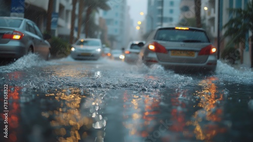 City Traffic Navigates Flooded Streets Under Heavy Rain. photo