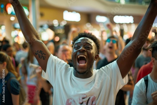 excited man celebrating black friday deals in crowded shopping mall lifestyle photography