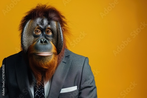 Surreal image blending an orangutan's face with a human body in a business suit on a yellow background. photo