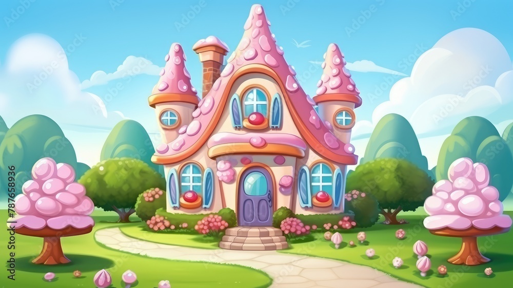 Whimsical Gingerbread House in Blossoming Garden Illustration