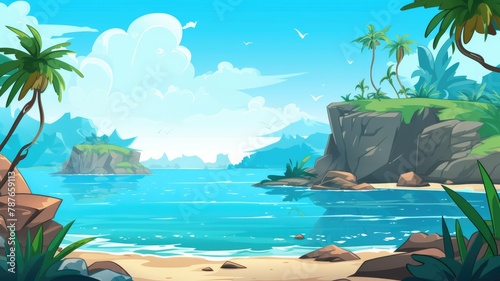 Tranquil Island Oasis in Crystal Blue Ocean  Cartoon Illustration