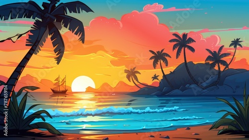 Serene Tropical Island Sunset, Ocean View Illustration