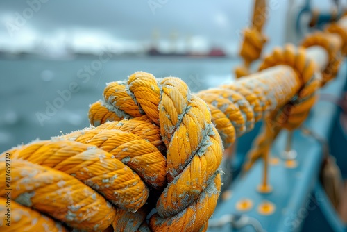 A close up of a rope on a boat in the water with a ship in the background in the distance a macro