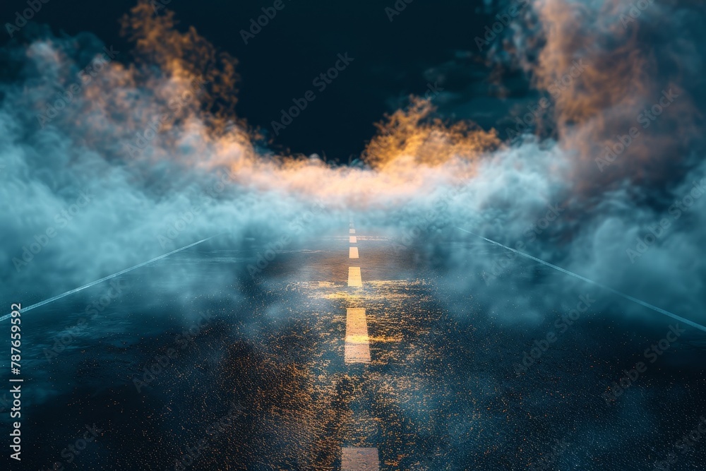 Abstract dark street with light and smoke on black background rendered in 3D