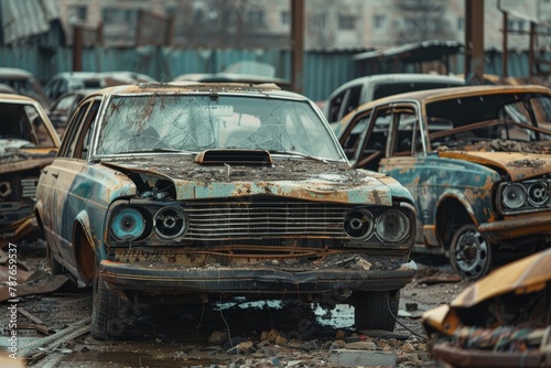 Abandoned cars awaiting recycling in city junkyard