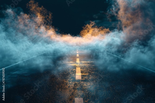 Abstract dark street with light and smoke on black background rendered in 3D