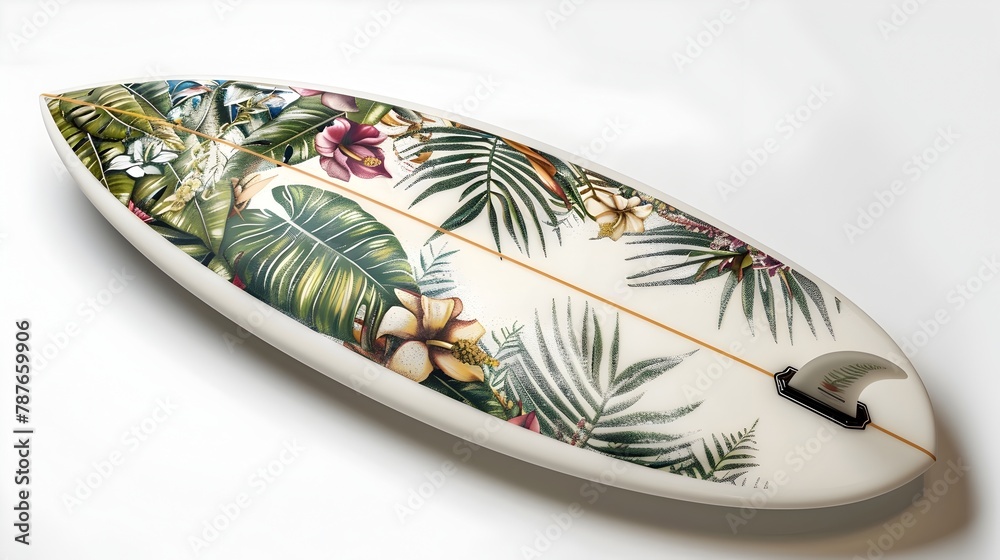 Vibrant Tropical Surfboard Design with Lush Foliage and Floral Accents Vibrant Tropical Surfboard Design with Lush Foliage and Floral Accents