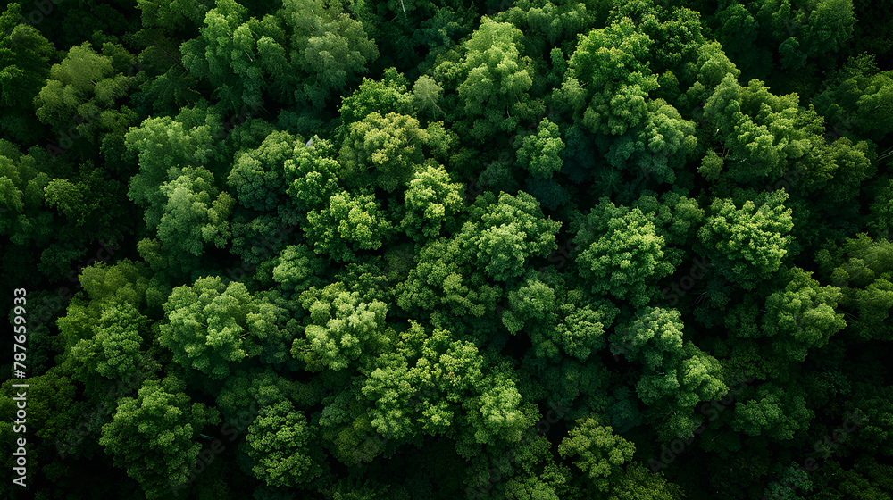 Aerial top view of green trees in forest. Drone view of dense green tree captures CO2. Green tree nature background for carbon neutrality and net zero emissions concept. Sustainable green environment