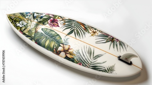 Vibrant Tropical Surfboard Design with Lush Foliage and Floral Accents © T