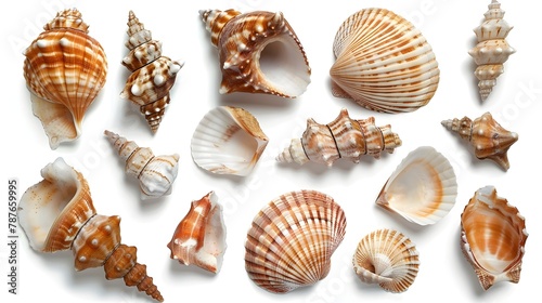 Diverse Arrangement of Natural Seashells in Various Sizes and Shapes on White Background