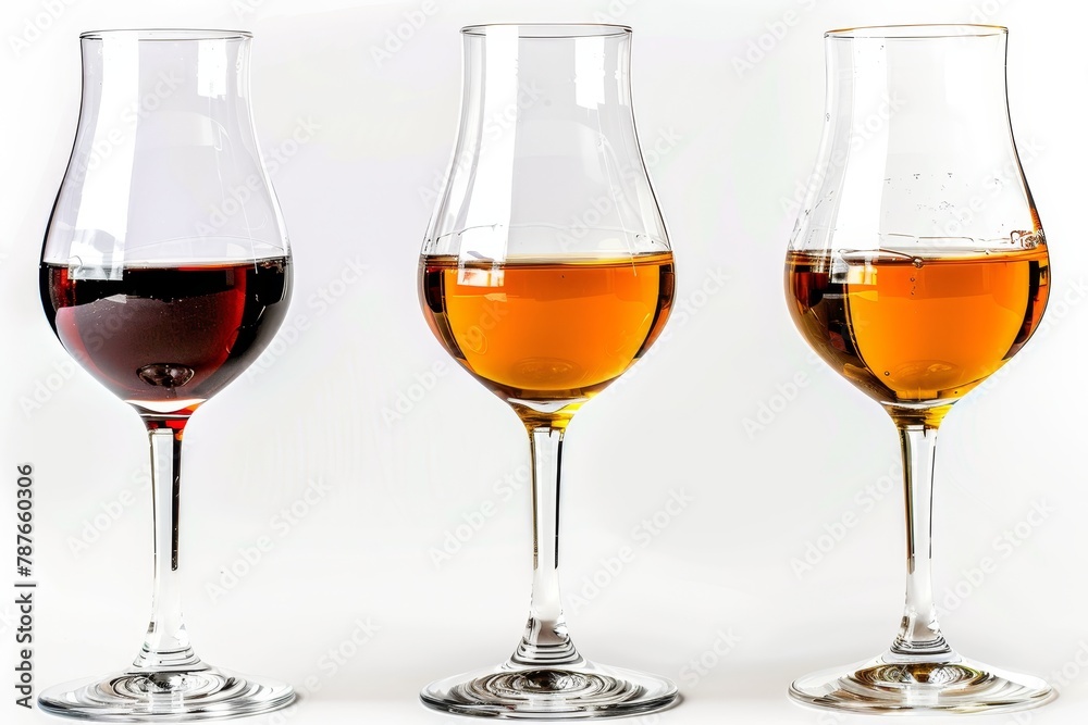 Andalusian fortified wine various dry and sweet sherries in glasses close up on white background