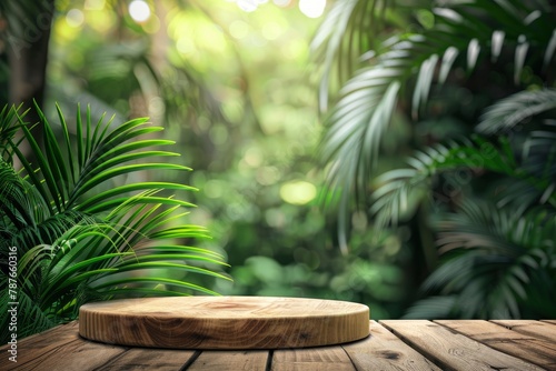 Wood tabletop podium floor in outdoors blur green leaf tropical forest nature landscape background.cosmetic natural product mock up placement pedestal stand display jungle summer - generative ai