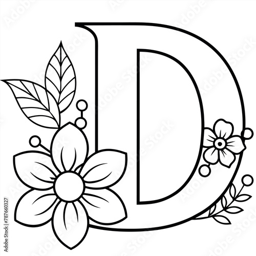 Alphabet D coloring page with the flower, D letter digital outline floral coloring page, ABC coloring page