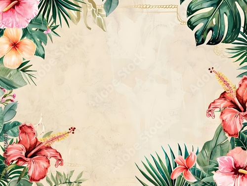 Vibrant Tropical Beach Party Invitation with Lush Floral Border and Vintage Background