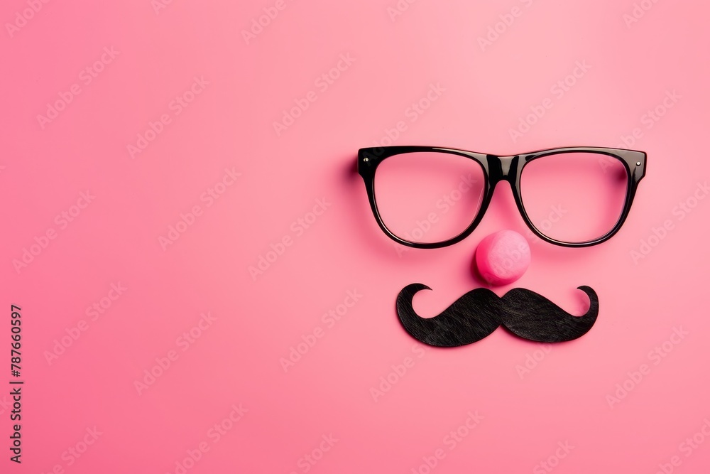 April Fools Day card with fake glasses nose mustache on pink background April Fools Day card with fake glasses nose mustache on pink background