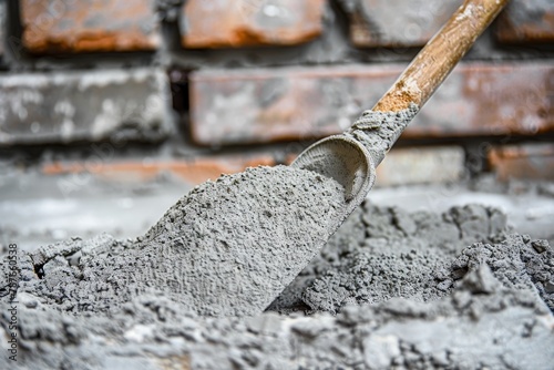 Applying cement powder to bricks with a trowel for construction