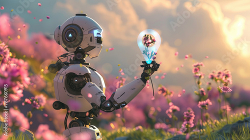 Location images, A robot standing in the spring background and holding its hand to find the location