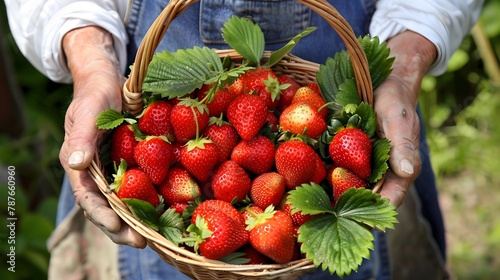 Abundant Basket of Freshly Harvested Ripe Red Organic Strawberries on Verdant Farm