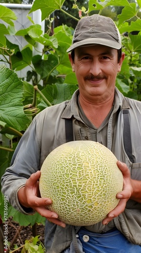 Farmer Proudly Displays Bountiful Honeydew Melon Harvest for Market © T