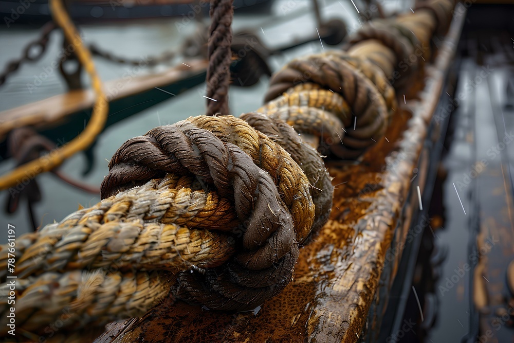 A rope is tied to a boat in the water with other boats in the background in the rain and rain a