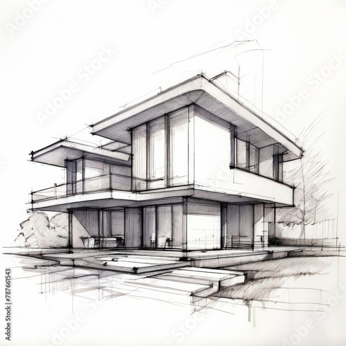 Architect's House Hand Sketch Drawing - Home Design, Architect’s Office, Real Estate Planning.