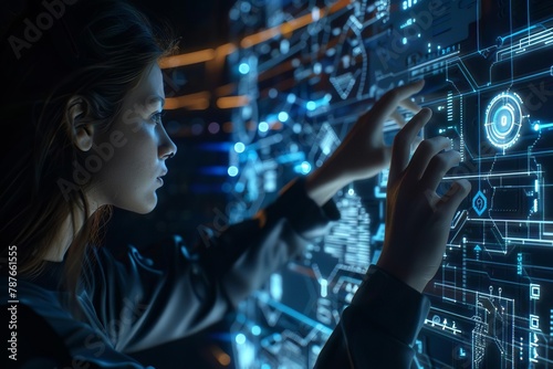 female data scientist analyzing information on virtual interface futuristic technology
