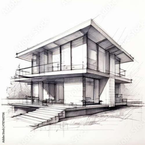 Architect's House Hand Sketch Drawing - Home Design, Architect’s Office, Real Estate Planning.