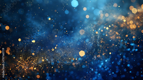Abstract Golden Bokeh Lights on Blue Background, Festive Glittering Texture, Christmas Golden light shine particles bokeh on navy blue background © AspctStyle